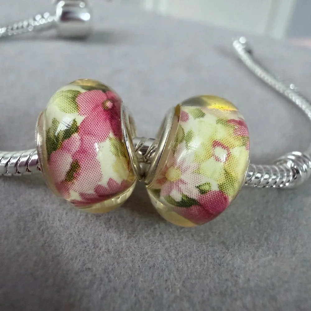 Set of 2 Pink Floral Pink Beads fits PANDORA